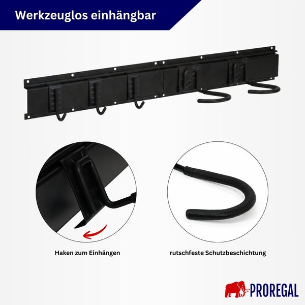 Wandleiste mit werkzeuglos einhängbaren Haken und rutschfester Schutzbeschichtung von Proregal
