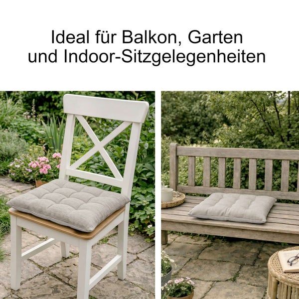 Sitzkissen auf einem weißen Holzstuhl und einer Gartenbank aus Holz im Außenbereich.