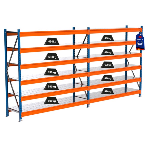Metallregal mit mehreren Ebenen und einer Traglast von 690 Kilogramm pro Ebene