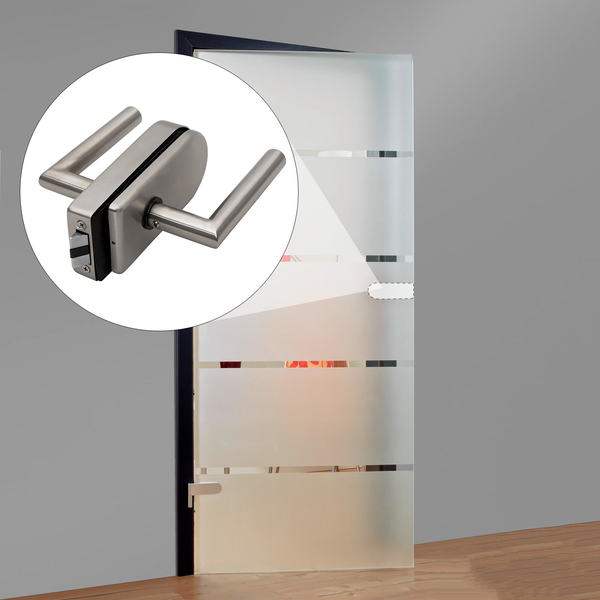 Glastürschloss aus Edelstahl mit Drückergarnitur montiert an einer mattierten Glastür mit horizontalen Streifen.