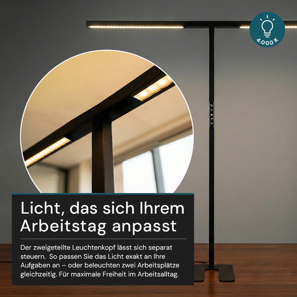 Schwarze Stehlampe mit zwei LED-Leuchten