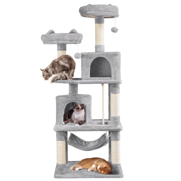 Grauer Katzenbaum mit Kratzstämmen, Liegeflächen, Katzenhöhlen, Hängematte und drei Katzen
