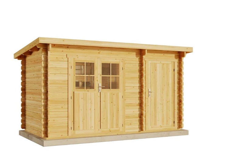 Alpholz Gartenhaus Korfu mit Anbau Gartenhaus aus Holz, Holzhaus mit 28 mm Wandstärke, Blockbohlenhaus mit Montagematerial, Naturbelassen 3,8x2m