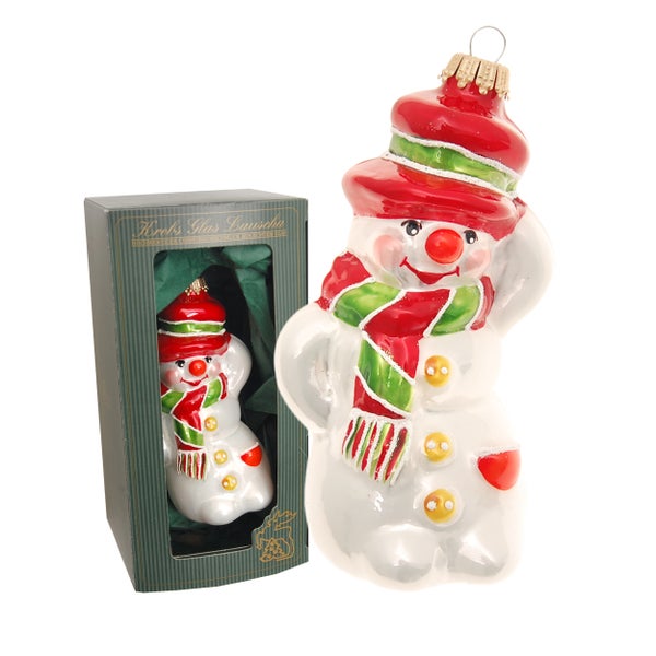Schneemann mit Hut, Porzellan Look, weiß/rot/grün 16cm, 1 Stck., Weihnachtsbaumkugeln, Christbaumschmuck, Weihnachtsbaumanhänger