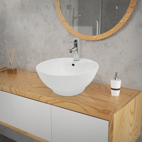 ECD Germany Design Waschbecken Waschtisch Ø 455 x 185 mm inkl. Ablaufgarnitur für Waschbecken mit Überlauf - Keramik Rund Weiß Aufsatzbecken Aufsatzwaschbecken Waschschale Aufsatzwaschtisch Spülbecken