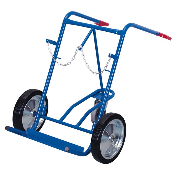 Gasflaschenwagen aus blauem Stahl mit drei Rädern, Sicherheitskette und roten Handgriffen.