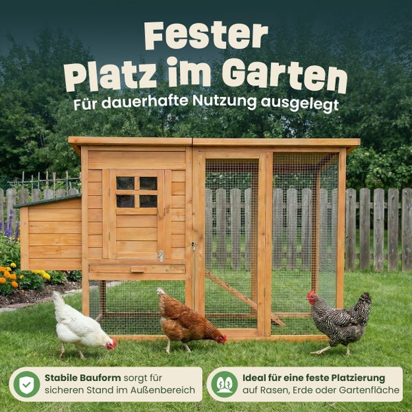 Stabiler Hühnerstall aus Holz mit integriertem Freilaufgehege für die dauerhafte Nutzung im Garten auf Rasen oder Erde.