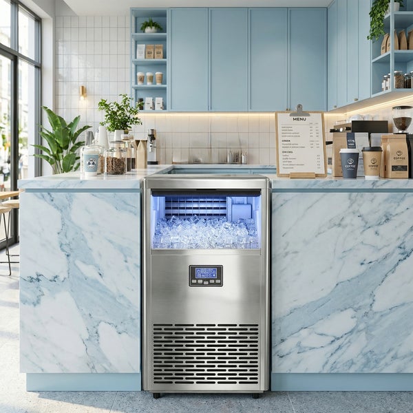 Edelstahl Eiswürfelbereiter mit digitalem Display und Sichtfenster in einer modernen Küche mit blauen Schränken und Marmor-Arbeitsplatte.