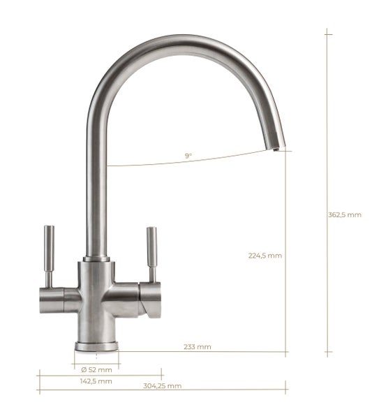 Drei-Wege-Wasserhahn aus Edelstahl mit Wasserfilteranschluss.