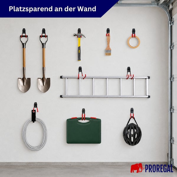 Wandhaken System von Proregal zur platzsparenden Organisation von Werkzeugen und Gartengeräten in der Garage oder Werkstatt.