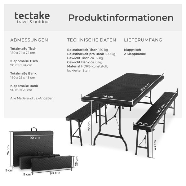 Campingtischgarnitur tectake Vani mit Tragegriffen klappbar schwarz-Rattanoptik