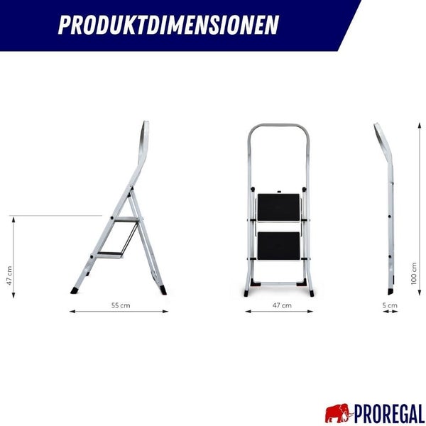 PROREGAL Klappleiter Economy Basic Einseitig Begehbar 2 Stufen Arbeitshöhe 2,46 m Traglast 150 kg
