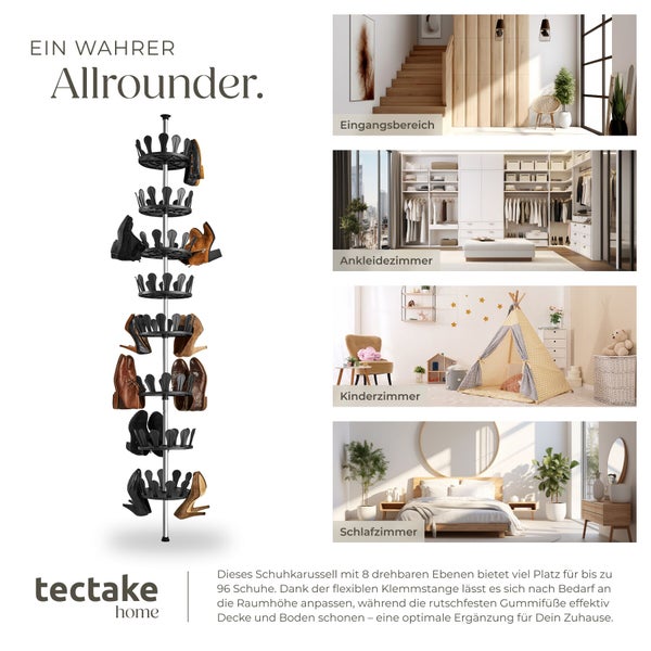 Drehbares Schuhkarussell von Tectake zur Schuhaufbewahrung, mit Beispielen für die Nutzung in verschiedenen Räumen wie Eingangsbereich, Ankleidezimmer, Kinderzimmer und Schlafzimmer.