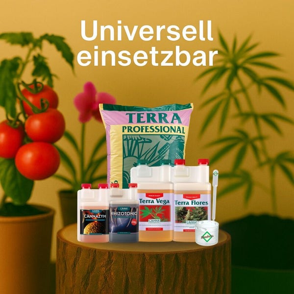 CANNA Gartenprodukte wie Terra Professional Erde und Flüssigdünger auf einem Baumstumpf vor Nutzpflanzen.