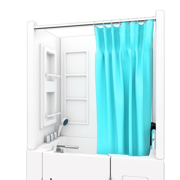 Seniorenbadewanne mit niedriger Einstiegstür, integrierten Ablagen, Handbrause und türkisem Duschvorhang.