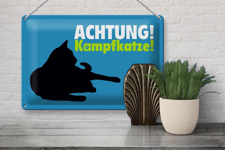 Blechschild Spruch 30x20cm Achtung Kampfkatze Katze blau