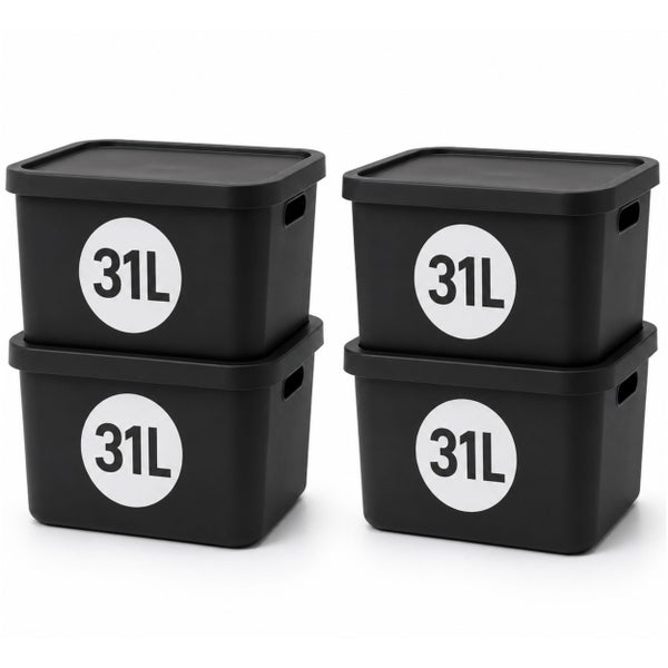 Set aus vier stapelbaren Kunststoff Aufbewahrungsboxen mit Deckel, je 31 Liter Fassungsvermögen, für Ordnung im Haushalt.