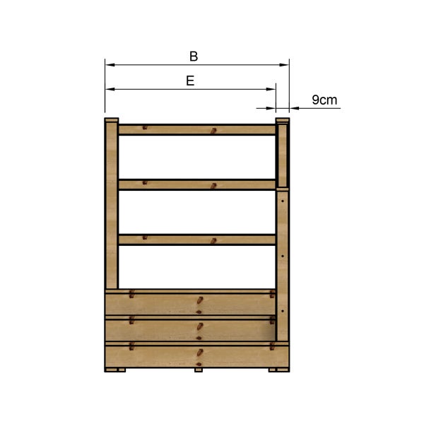 Abmessungen eines Holzregals mit Pflanzkasten und den Bezeichnungen B, E und 9 cm