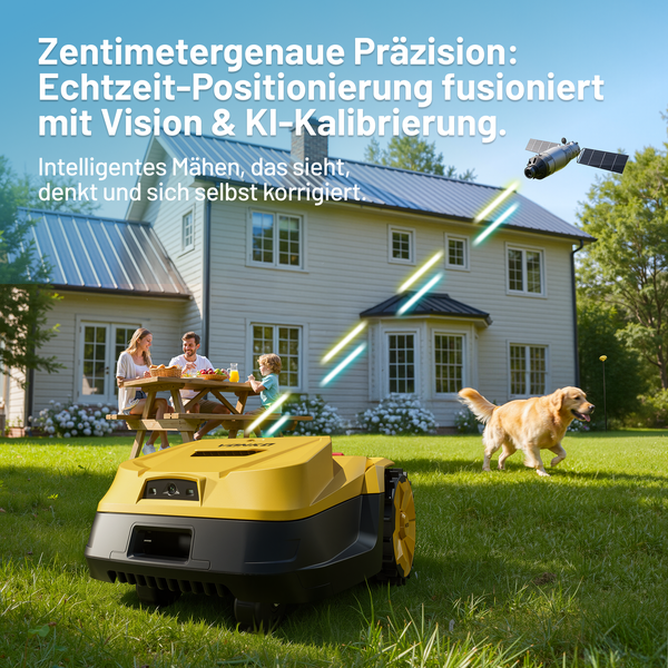 Mähroboter auf einer Rasenfläche vor einem Haus mit einer Familie am Picknicktisch, einem Hund und einer Verbindung zu einem Satelliten am Himmel.