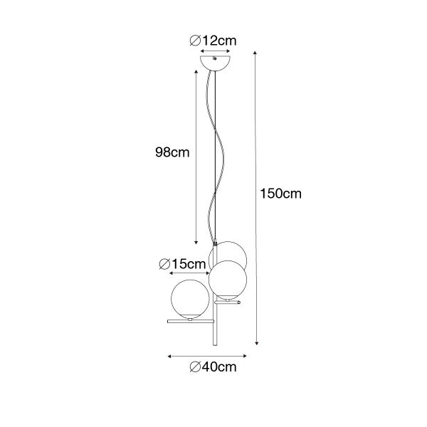Technische Zeichnung einer Hängelampe mit den Maßen: Durchmesser Lampenschirm 15 cm, Durchmesser Deckenhalterung 12 cm, Gesamthöhe 150 cm.