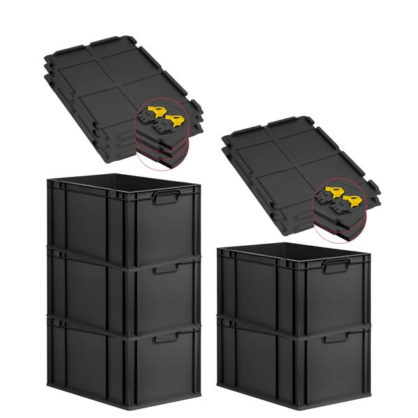 PROREGAL SuperSparSet 5x Eurobox NextGen Grip mit Scharnierdeckel und gelben Schiebeschnappverschlüssen, HxBxT 32x40x60cm, 65 Liter, Schwarz, Griffe geschlossen, Verstärkter Boden, Eurobehälter, Transportbox, Transportbehälter, Stapelbehälter