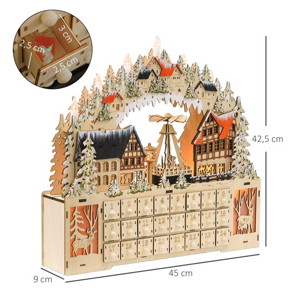 Beleuchteter Adventskalender aus Holz mit Winterdorf und Pyramide, 24 Schubladen, 45 mal 42,5 mal 9 Zentimeter, Fachgröße 2,5 mal 2,5 mal 3 Zentimeter.