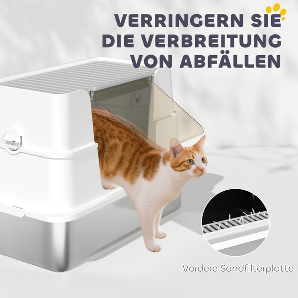 Katze betritt Katzentoilette mit Sandfilterplatte zur Reduzierung von Abfällen