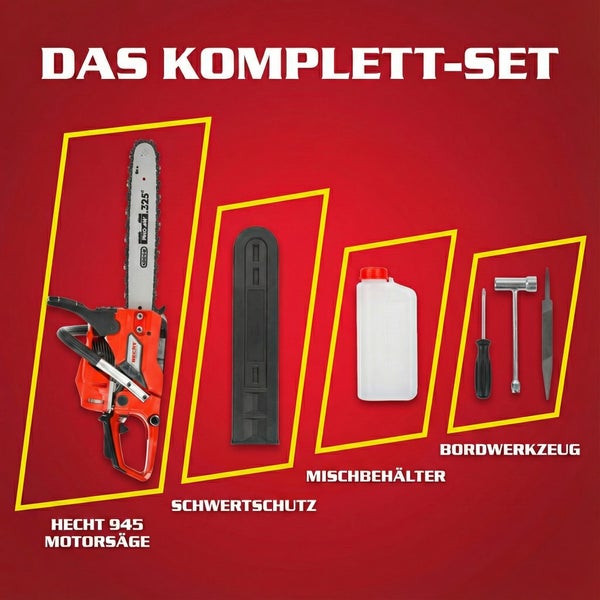 Hecht 945 Motorsägen Komplettset mit Schwertschutz, Mischbehälter und Bordwerkzeug
