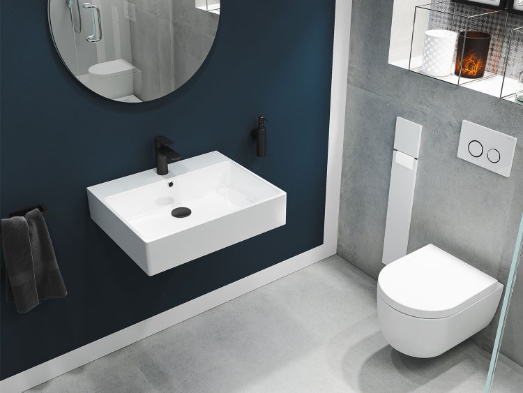 Aqua Bagno Solo Waschtisch 60x50 cm Weiß Hochglanz – Keramik Waschbecken mit Hahnloch & Überlauf, Wandmontage | Modernes Bad