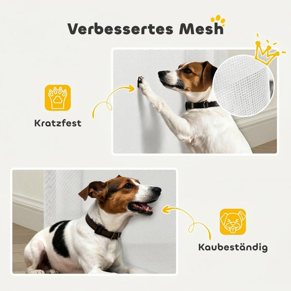 Ein Hund kratzt und kaut an einem kratzfesten und kaubeständigen Schutzgitter aus verbessertem Mesh-Material.