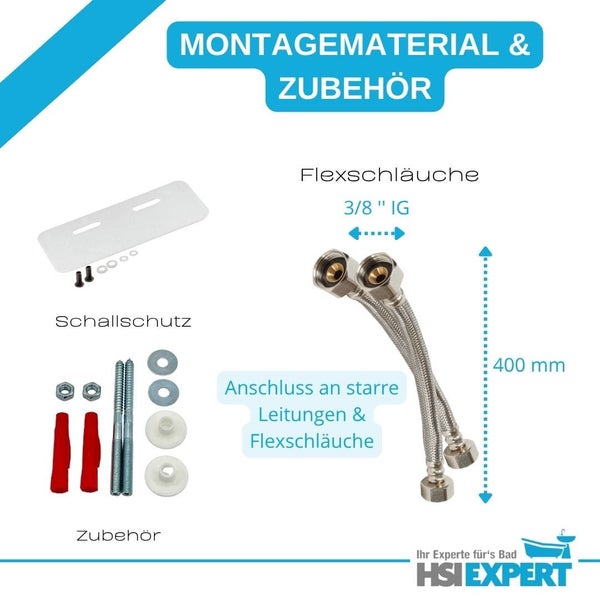 Montagematerial und Zubehör für den Sanitärbereich, inklusive Flexschläuche mit 3/8 Zoll Innengewinde, Schallschutz und weiteres Zubehör