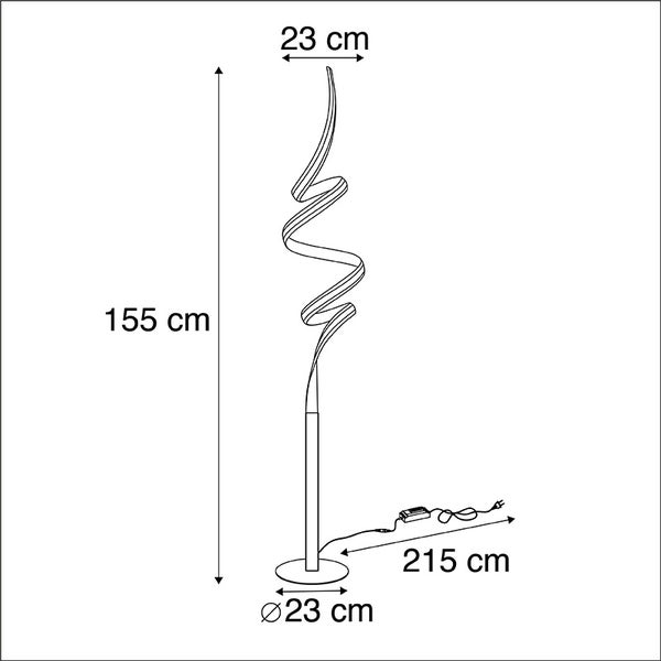 Abbildung einer Stehlampe mit den Maßen 155 x 23 x 23 cm und einer Kabellänge von 215 cm.