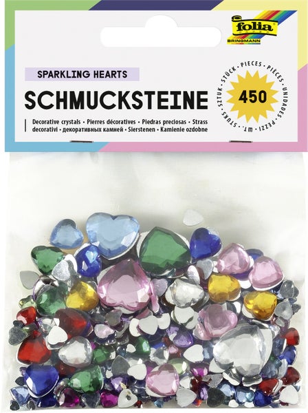 Folia Schmucksteine SPARKLING HEARTS, 450 Stück, Größen und Farben sortiert