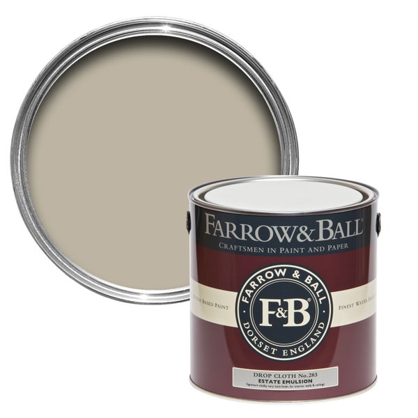 Farbdose und Farbmuster der Farrow and Ball Drop Cloth No. 283 Estate Emulsion Farbe