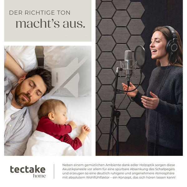tectake home Logo, sechseckige Akustikpaneele in Holzoptik im Tonstudio sowie schlafender Mann mit Baby zur Darstellung der Geräuschreduzierung.