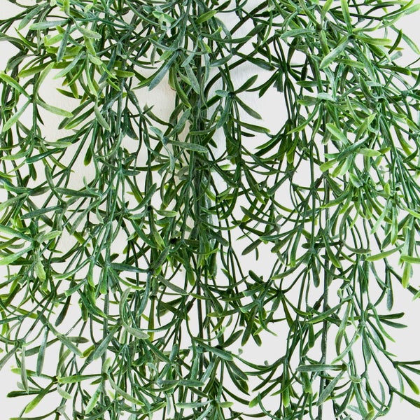 Künstliche Hängepflanze mit feinen grünen Blättern aus Kunststoff.