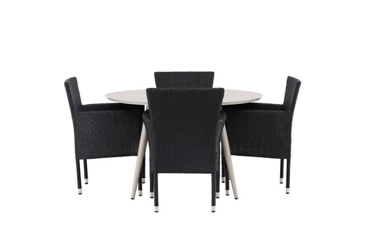 Gartenmöbelset mit rundem Tisch und vier Korbsesseln