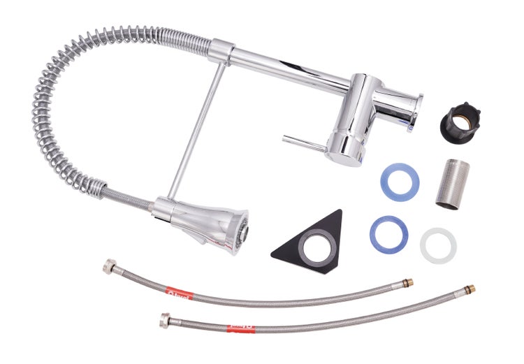 Küchenarmatur in Chrom mit flexiblem Spiralauslauf, Geschirrbrause, Anschlussschläuchen und Montagezubehör.