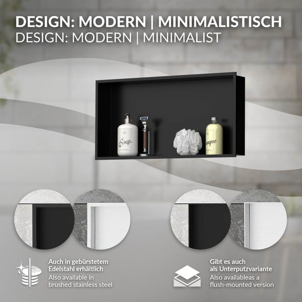 Schwarze Wandnische für das Bad im modernen Design mit Ablage für Badutensilien. Auch in Edelstahl und als Unterputzvariante erhältlich.
