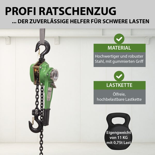 Profi Ratschenzug aus Stahl mit Lastkette und 750 Kilogramm Tragfähigkeit für schwere Lasten.
