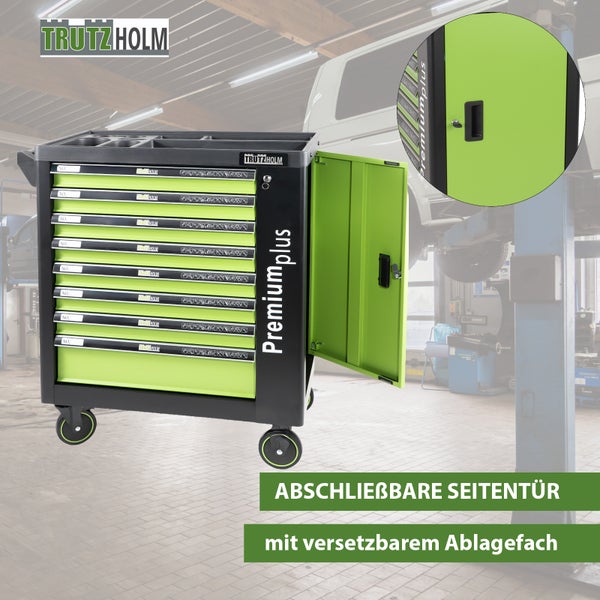 Trutzholm Werkstattwagen Premium plus in Schwarz-Grün mit acht Schubladen, Rollen und geöffneter, abschließbarer Seitentür.