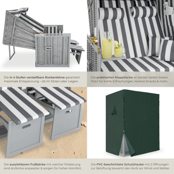 Strandkorb tectake Sylt 115 x 158 x 78 cm gepolstert mit ausziehbaren Fußbänkchen grau/weiß