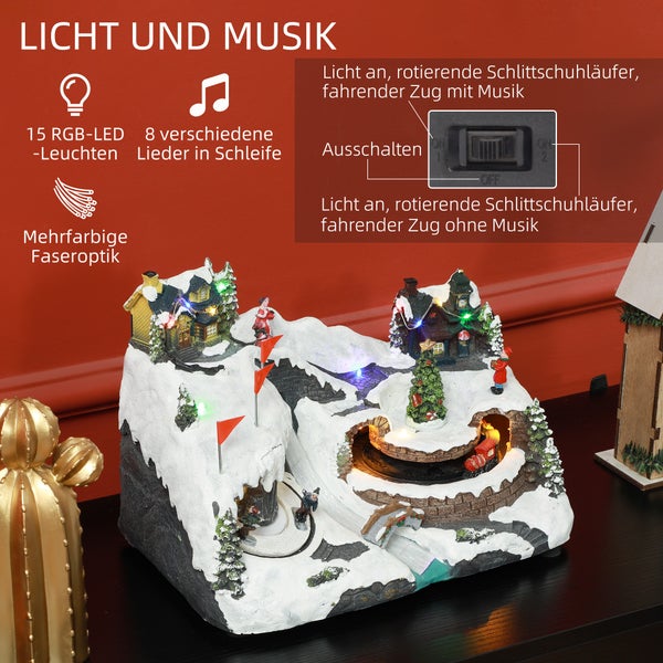 HOMCOM Weihnachtsdorf Weihnachtsstadt mit LED-Leuchtung, Musik, Häuser, Eisläufer, rotierende Eisläufer und beweglicher Zug, Winterlandschaft für Weihnachten, Mehrfarbig