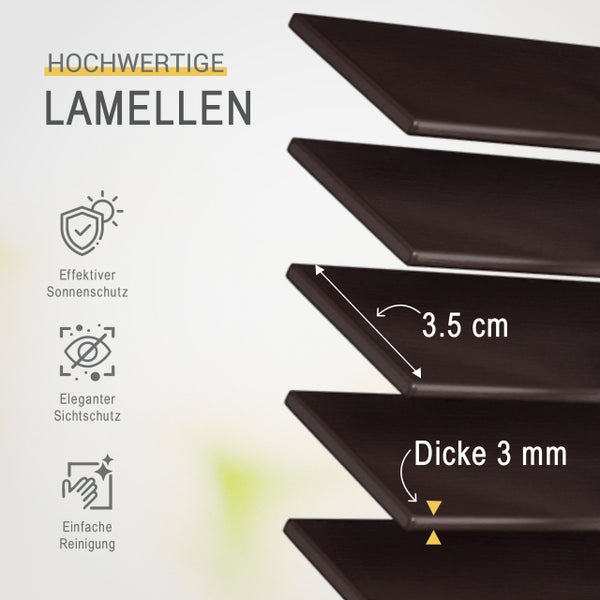 Detailansicht von hochwertigen Jalousielamellen mit Angaben zur Lamellenbreite von 3,5 Zentimetern und einer Dicke von 3 Millimetern.