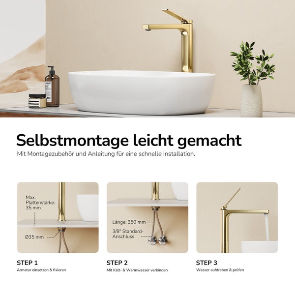 Anleitung zur Selbstmontage einer Waschtischarmatur mit Schritten zur Installation und technischen Anschlussdetails.