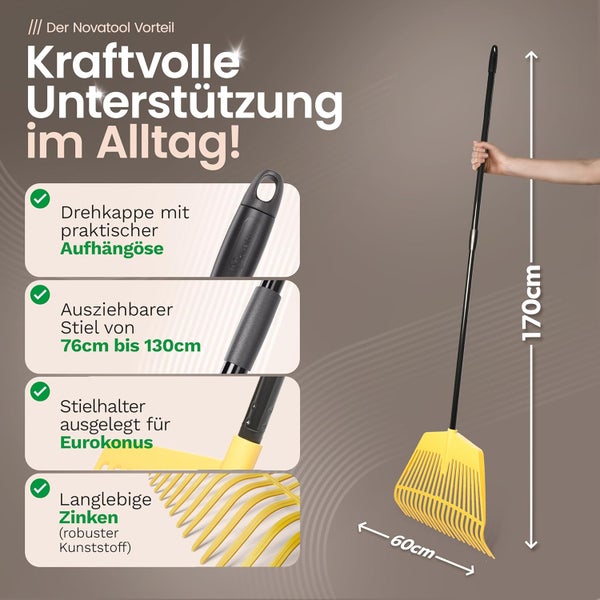 Infografik eines Laubbesens mit ausziehbarem Stiel von 76 bis 130 Zentimetern, Eurokonus-Halterung, Aufhängöse und Kunststoffzinken. Breite 60 Zentimeter.