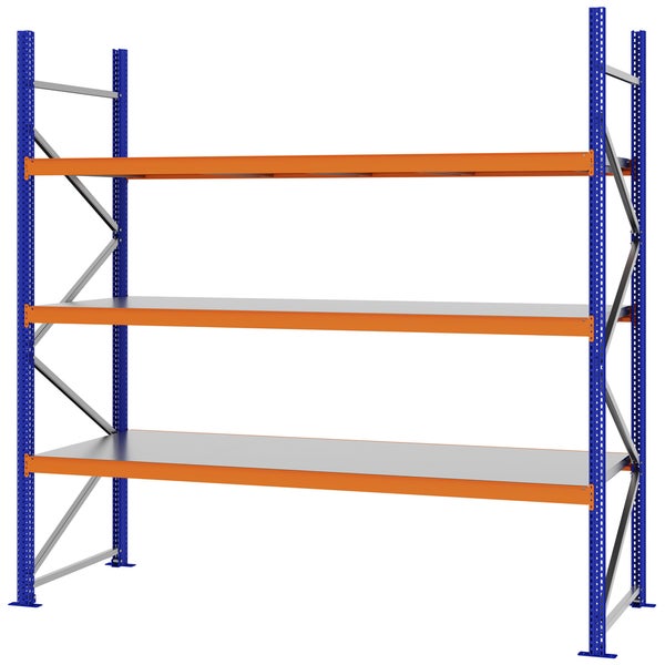 Schwerlastregal aus Metall mit drei Ebenen, blauen Pfosten und orangefarbenen Traversen.