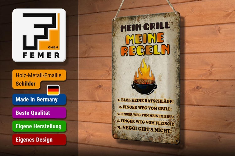Blechschild Spruch 20x30cm Mein Grill meine Regeln Fleisch