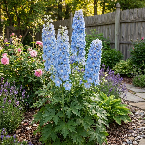 Hoher Rittersporn mit hellblauen Blütenkerzen in einem sonnigen Gartenbeet mit Lavendel vor einem Holzzaun.
