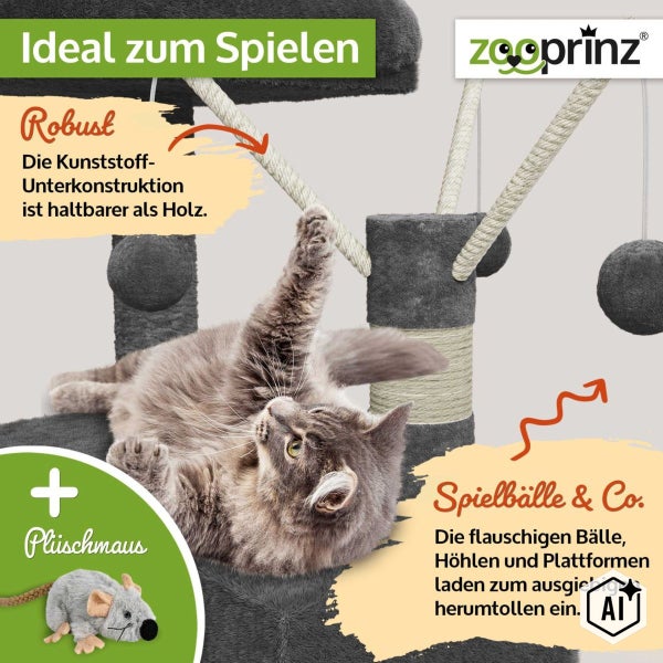 Ein Katzenbaum mit Kratzstämmen, Spielseilen und Bällen, inklusive Plüschmaus, mit Zooprinz Logo und Infotext zur stabilen Kunststoffkonstruktion.